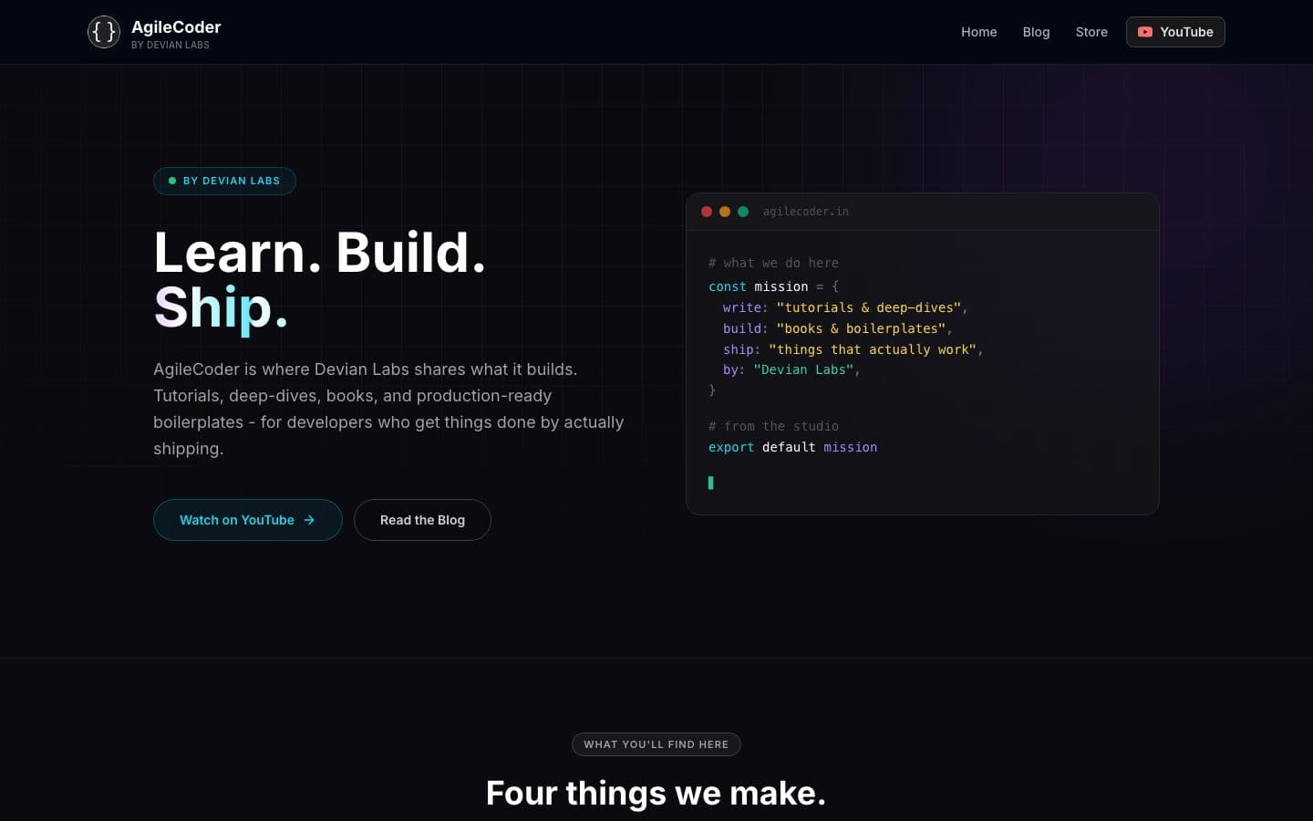 The AgileCoder home page: Learn. Build. Ship.