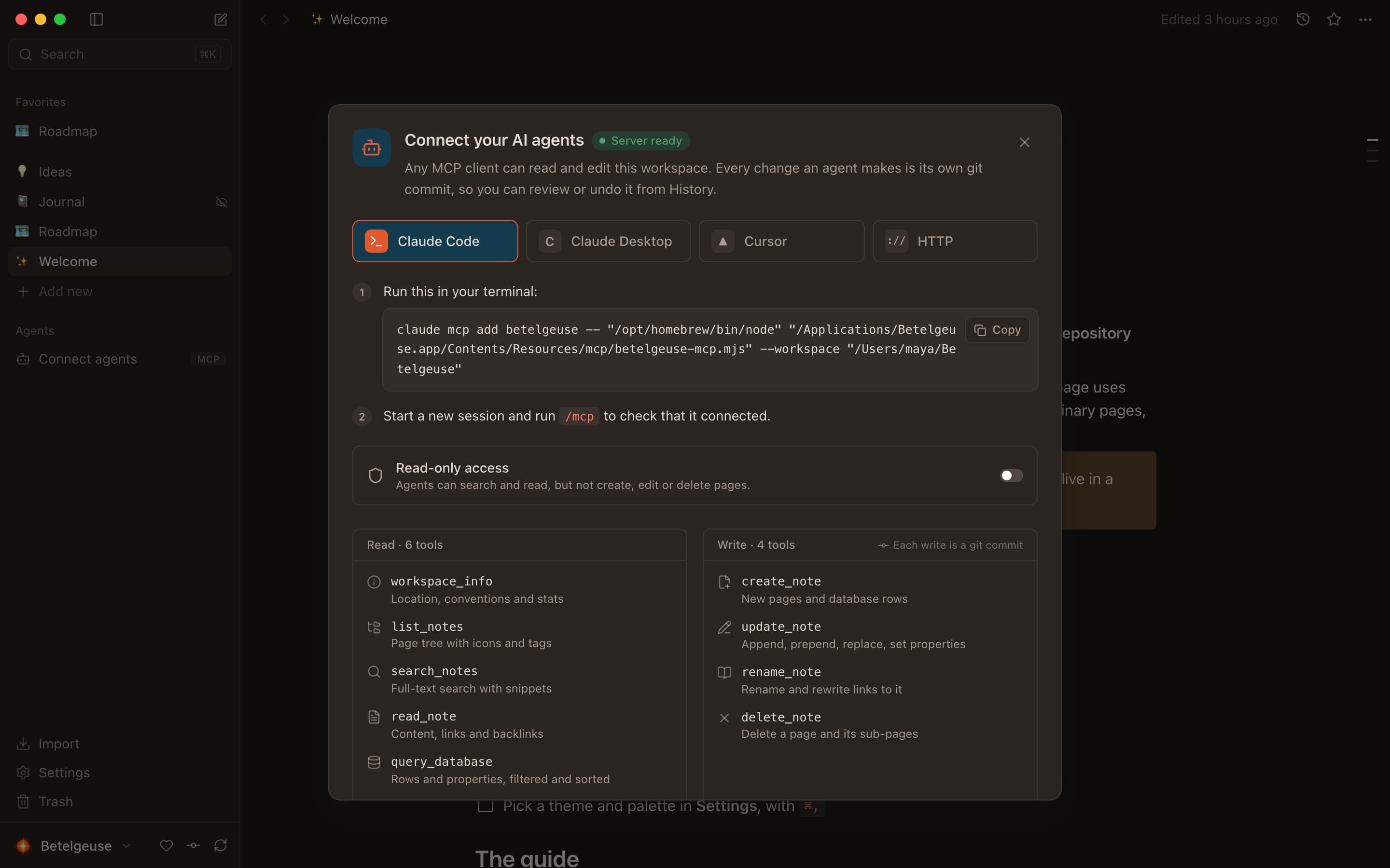 Connecting AI agents to Betelgeuse over MCP