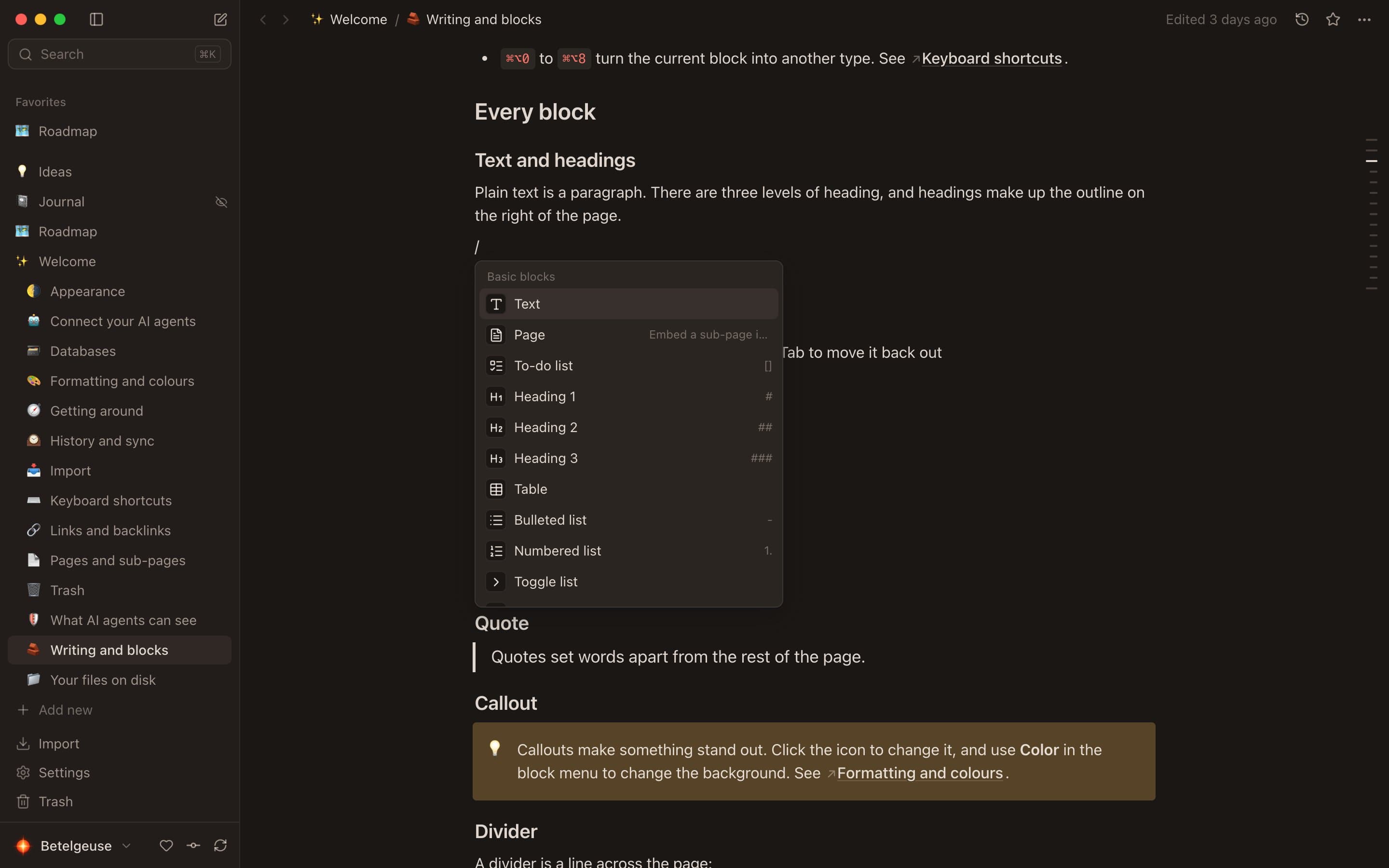 The slash command menu in the Betelgeuse editor