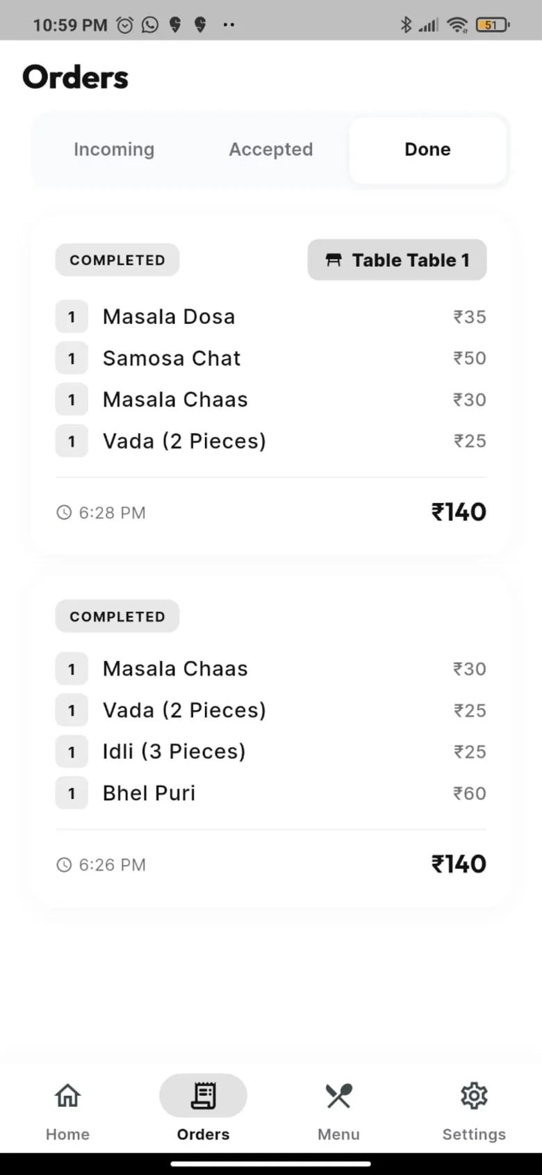 Khao orders by table, from incoming to done
