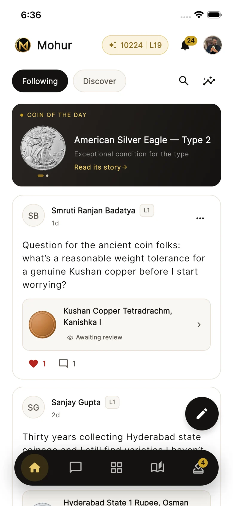 Mohur community feed with the coin of the day