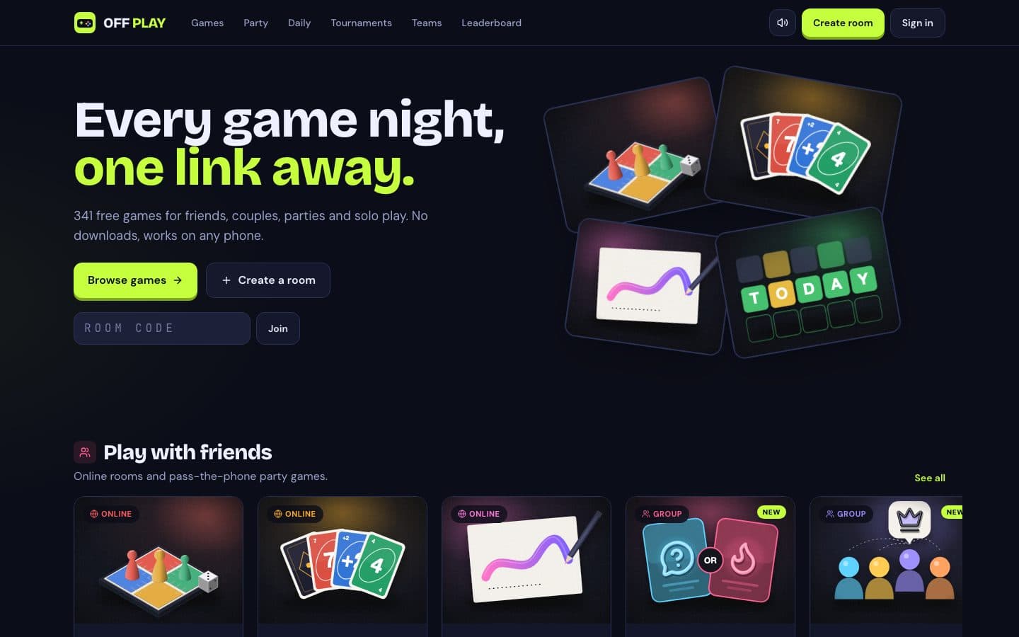 The OFF PLAY home page with Ludo, Crazy Eights, Scribble and the daily word game