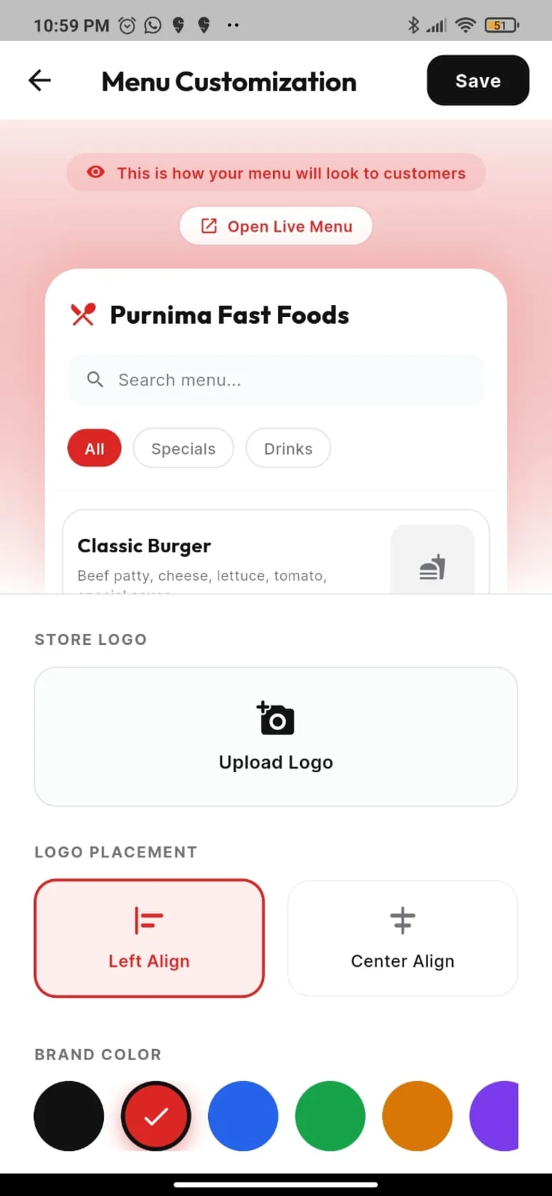 Khao menu customisation with a live customer preview
