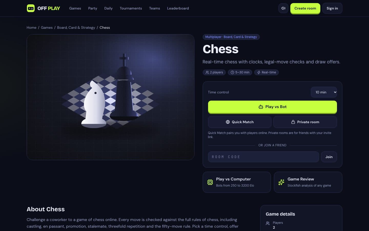 The Chess page on OFF PLAY with Play vs Bot and Quick Match